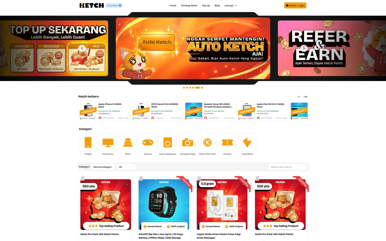 Screenshot of the ketch.id homepage — a gamified e-commerce storefront with promotional banners and point-priced product listings